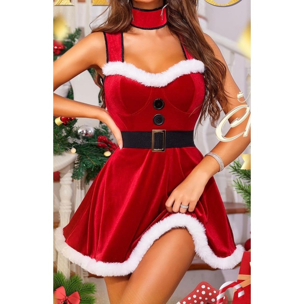 sexy santa velvet babydall dress lingerie costume red & white, women size small